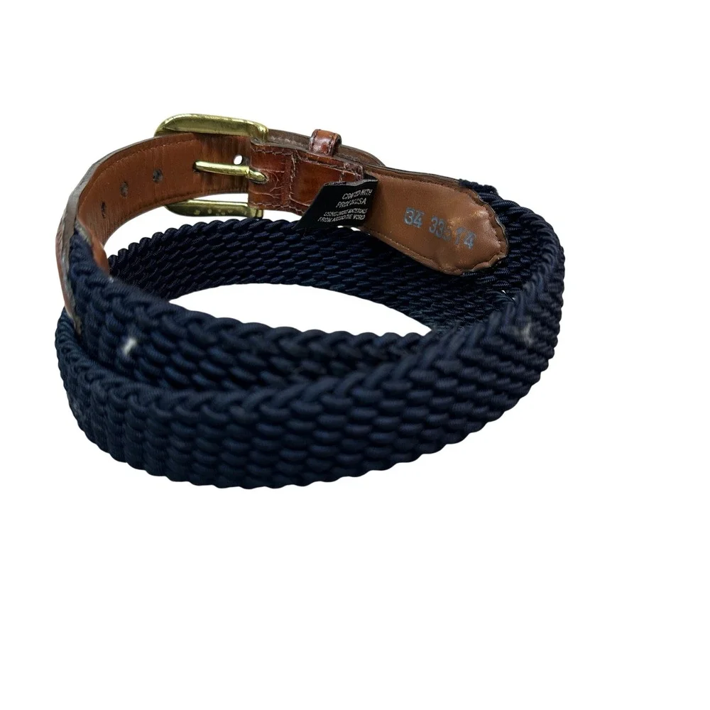 Brighton Mens Woven Cord Belt Navy Blue Brown Croc Leather Gold Buckle 34 USA